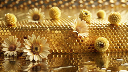 White flowers on honeycomb with a golden glow and reflection.の素材