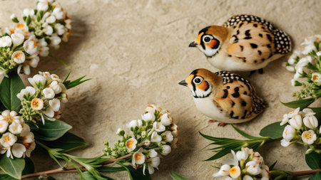 Two colorful birds surrounded by white flowers on a beige background.の素材