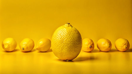 A single lemon stands out from a row of lemons on a yellow background.の素材