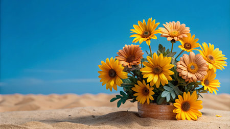Yellow and orange daisy flowers in a terracotta pot on a sandy beach with a clear blue sky in the background.の素材