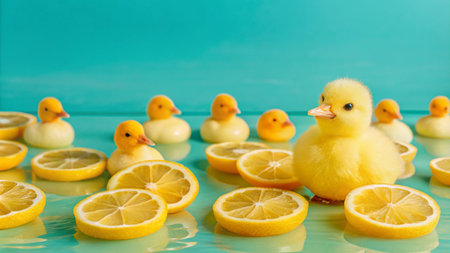 A group of cute yellow ducklings sitting on lemon slices on a blue background.の素材