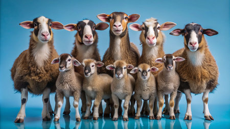 A group of sheep and lambs standing together on a blue background, looking at the camera.の素材