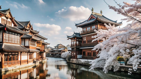 Traditional Chinese architecture with a canal and cherry blossoms.の素材