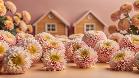Pink chrysanthemum flowers and miniature wooden houses in the background.の素材