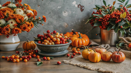 Autumnal still life with pumpkins, berries, and flowers on a wooden table.の素材