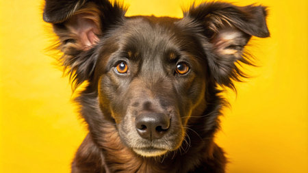 A brown dog with big ears looks directly at the camera against a bright yellow background.の素材