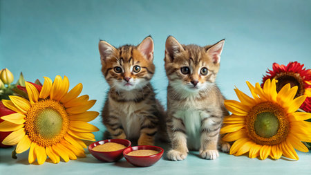 Two adorable tabby kittens sit with sunflowers and bowls on a blue background.の素材