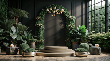 Green archway with foliage and podium in a modern room with large window.の素材