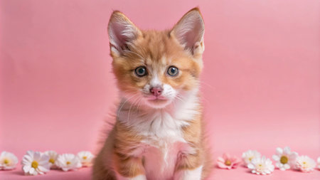Adorable ginger kitten with white paws and a pink nose sitting on a pink background surrounded by white daisies.の素材