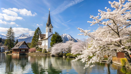 A picturesque church with a lake in the foreground and snow-capped mountains in the background. The trees are in full bloom.の素材