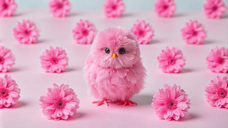 A fluffy pink chick standing in the middle of a circle of pink flowers.の素材