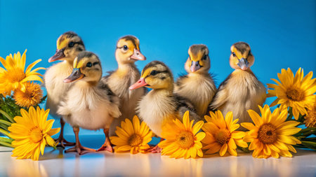 Six fluffy ducklings stand amongst yellow flowers on a white surface against a blue background.の素材