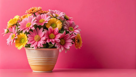 A bouquet of pink and yellow daisies in a yellow pot against a pink background.の素材