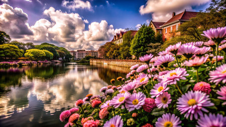 A picturesque view of a city park with a lake, blooming flowers and buildings in the background, under a partly cloudy sky.の素材