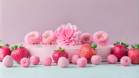 Pink flowers, strawberries, and candy on a pink platform.の素材