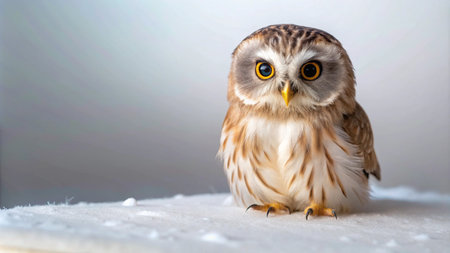 A small owl with large, bright yellow eyes looks directly at the camera with a serious expression.の素材