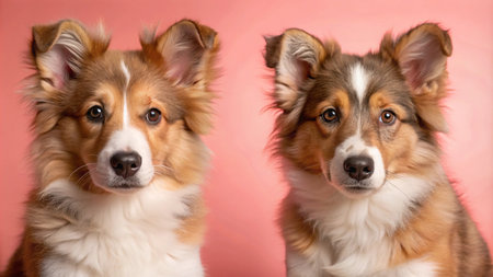 Two adorable Sheltie puppies with big brown eyes looking at the camera against a pink background.の素材