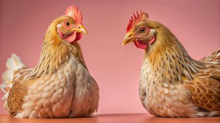 Two brown chickens facing each other on a pink background.の素材