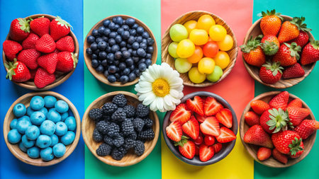 Assortment of fresh berries and fruits in wooden bowls on a colorful background.の素材