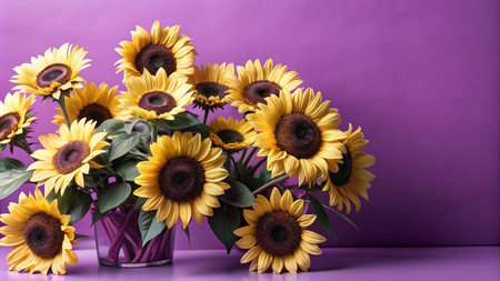 Bouquet of sunflowers in a glass vase on a purple background.の素材