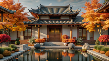 Traditional Chinese architecture with a pond and autumn foliage.の素材