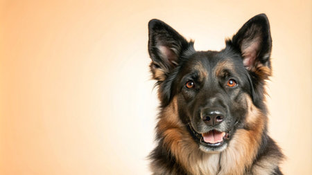 A German Shepherd dog with a friendly expression, looking directly at the camera against a warm beige background.の素材