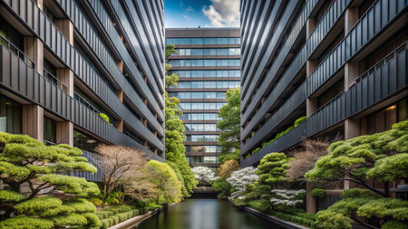 A tranquil pond surrounded by trees in a modern urban setting.の素材