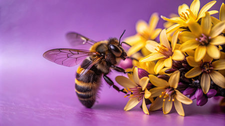 A close-up of a bee pollinating yellow flowers on a purple background.の素材