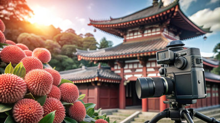 A camera on a tripod is set up to take a photo of an ornate temple in a garden setting.の素材