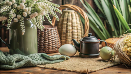 Rustic still life with teapot, eggs, and flowers on wooden table.の素材