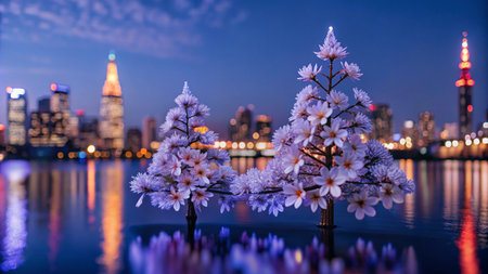 Two white flowering trees in the foreground of a city skyline at night.の素材