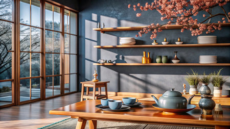 A minimalist living room with a wooden table, tea set, and shelves.の素材