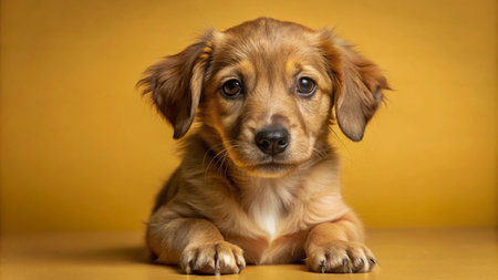 A cute brown puppy with big brown eyes sits on a yellow background, looking at the camera.の素材