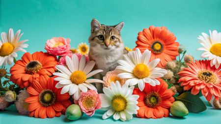 A cute tabby cat sits in a bed of colorful flowers against a turquoise background.の素材