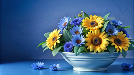 A blue and yellow flower arrangement in a white bowl.の素材