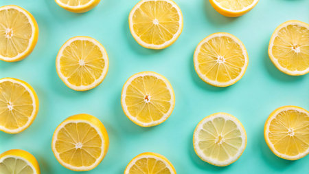 Lemon slices arranged in a pattern on a light blue background.の素材