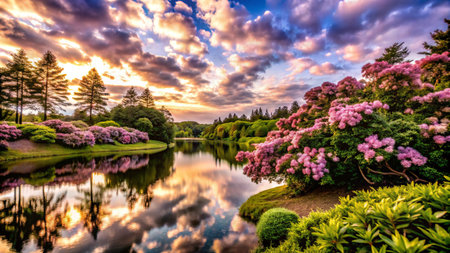 A serene lake reflecting a colorful sunset sky, surrounded by lush greenery and blooming pink flowers.の素材