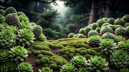 A lush green mossy forest floor with succulent plants.の素材