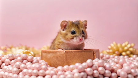 A cute brown hamster sitting in a brown box on a pink background with pink pearls and gold decorations.の素材