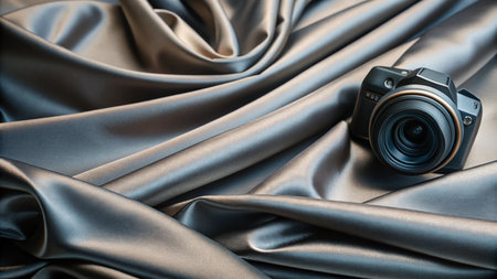 A black digital camera rests on a smooth, gray fabric, resembling a luxurious and elegant background.の素材