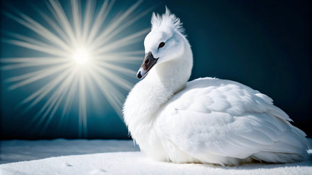 A white swan sits in the snow with a bright starburst behind it.の素材