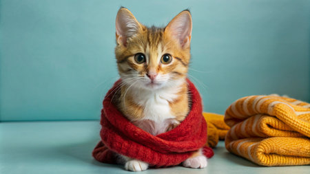 Adorable tabby kitten wrapped in a red scarf, looking directly at the camera with big eyes.の素材