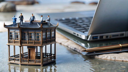 Miniature figures on a model house with a laptop in the background.の素材