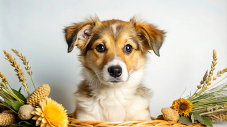Adorable brown and white puppy with floppy ears and big brown eyes looking directly at the camera, sitting in a wicker basket with dried flowers and wheat.の素材