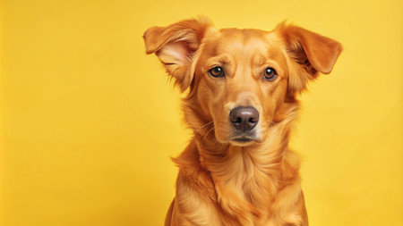 A golden dog with a curious expression stares directly at the camera against a bright yellow background.の素材
