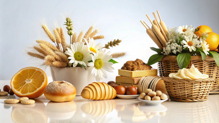 A still life with a variety of natural ingredients, including fruit, flowers, and bread.の素材