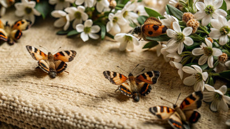 Four butterflies with orange and black wings, perched on a light brown knitted surface, with white flowers and green leaves in the background.の素材