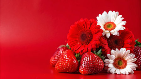 Red gerberas, white daisies, and strawberries on a red background.の素材