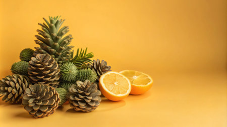 Pine cones, oranges, and fir branches on yellow background.の素材