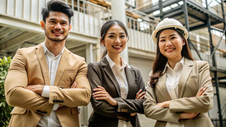 Three Asian business professionals stand together, arms crossed, smiling confidently.の素材